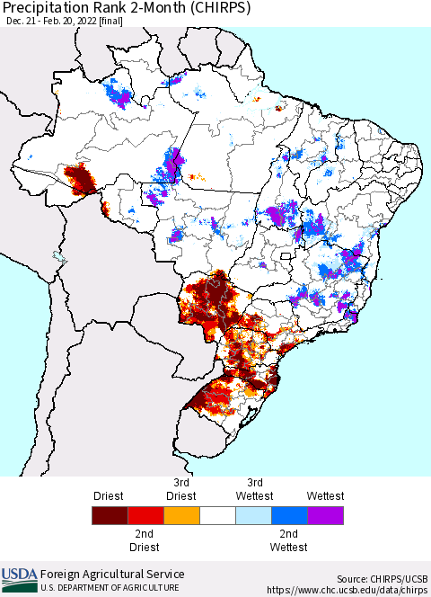 Brazil Precipitation Rank since 1981, 2-Month (CHIRPS) Thematic Map For 12/21/2021 - 2/20/2022