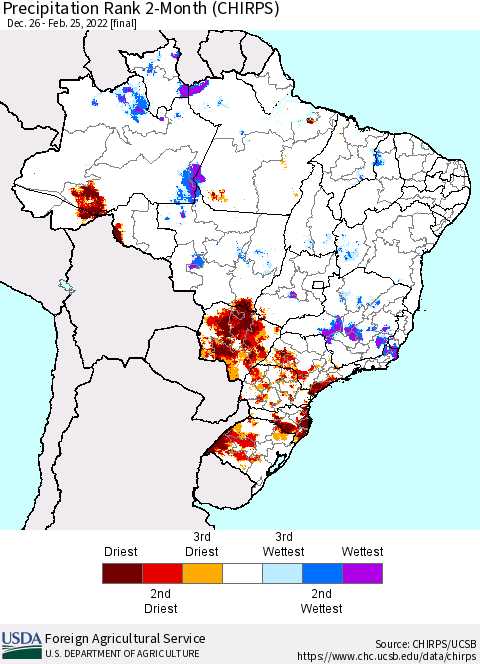Brazil Precipitation Rank since 1981, 2-Month (CHIRPS) Thematic Map For 12/26/2021 - 2/25/2022