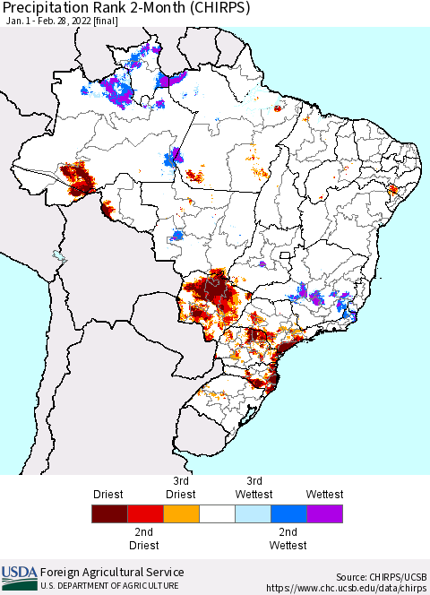 Brazil Precipitation Rank since 1981, 2-Month (CHIRPS) Thematic Map For 1/1/2022 - 2/28/2022