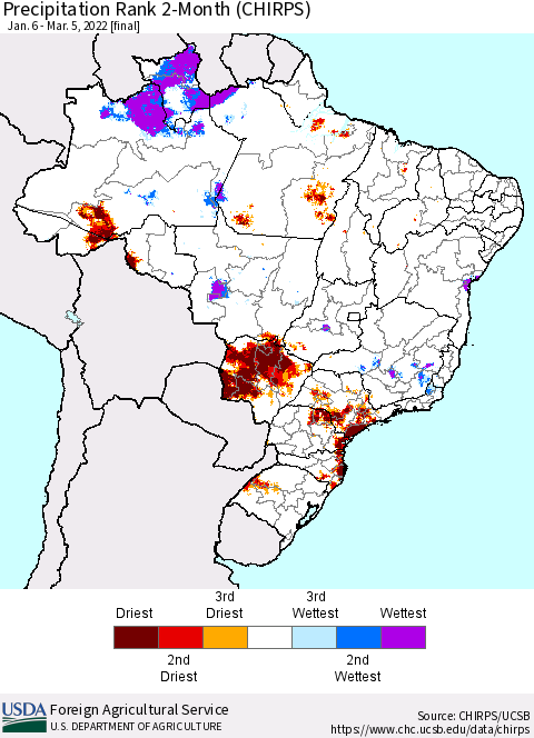 Brazil Precipitation Rank since 1981, 2-Month (CHIRPS) Thematic Map For 1/6/2022 - 3/5/2022
