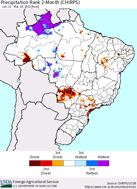 Brazil Precipitation Rank since 1981, 2-Month (CHIRPS) Thematic Map For 1/11/2022 - 3/10/2022
