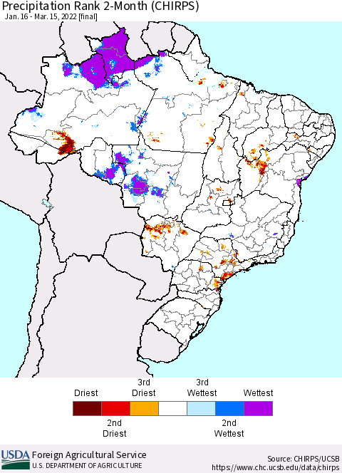 Brazil Precipitation Rank since 1981, 2-Month (CHIRPS) Thematic Map For 1/16/2022 - 3/15/2022