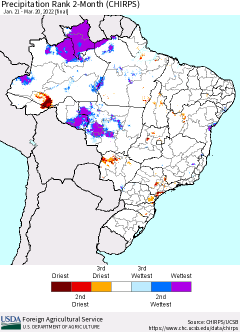 Brazil Precipitation Rank since 1981, 2-Month (CHIRPS) Thematic Map For 1/21/2022 - 3/20/2022