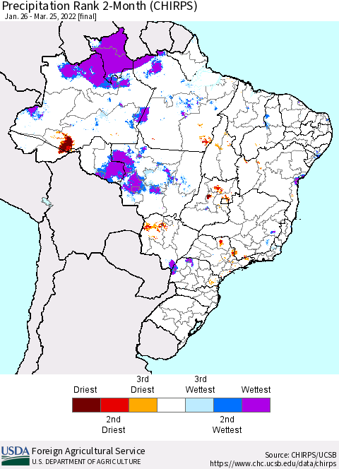 Brazil Precipitation Rank since 1981, 2-Month (CHIRPS) Thematic Map For 1/26/2022 - 3/25/2022