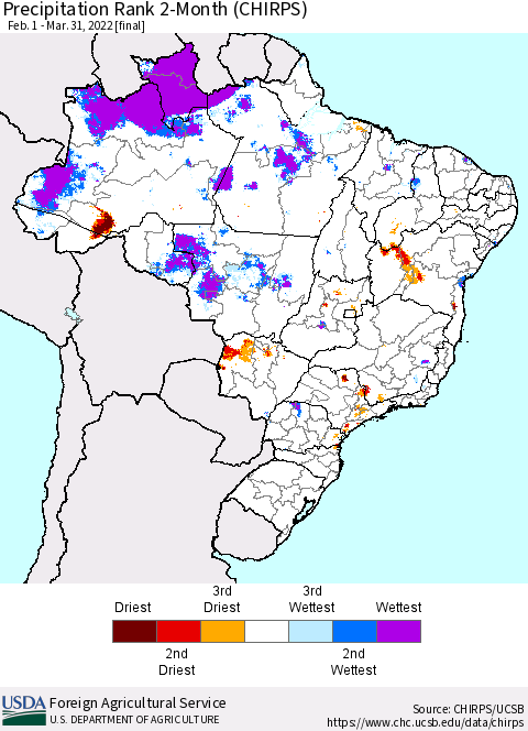 Brazil Precipitation Rank since 1981, 2-Month (CHIRPS) Thematic Map For 2/1/2022 - 3/31/2022