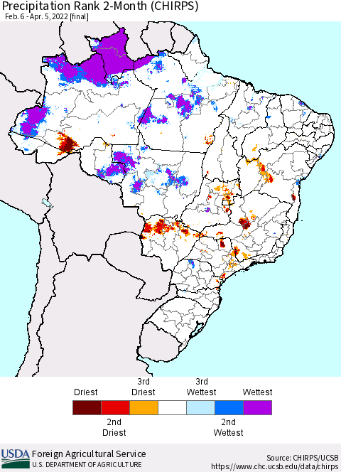 Brazil Precipitation Rank since 1981, 2-Month (CHIRPS) Thematic Map For 2/6/2022 - 4/5/2022