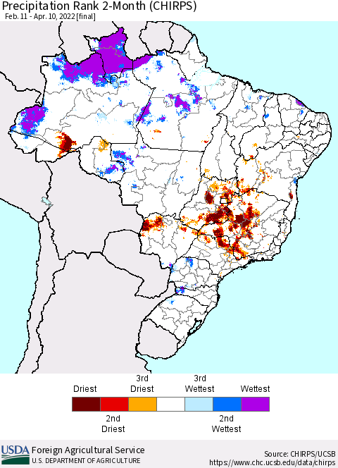 Brazil Precipitation Rank since 1981, 2-Month (CHIRPS) Thematic Map For 2/11/2022 - 4/10/2022