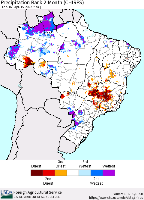 Brazil Precipitation Rank since 1981, 2-Month (CHIRPS) Thematic Map For 2/16/2022 - 4/15/2022