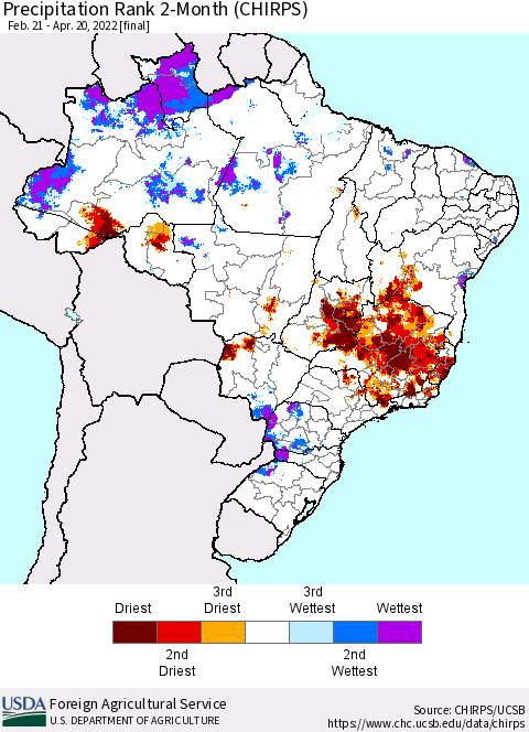 Brazil Precipitation Rank since 1981, 2-Month (CHIRPS) Thematic Map For 2/21/2022 - 4/20/2022