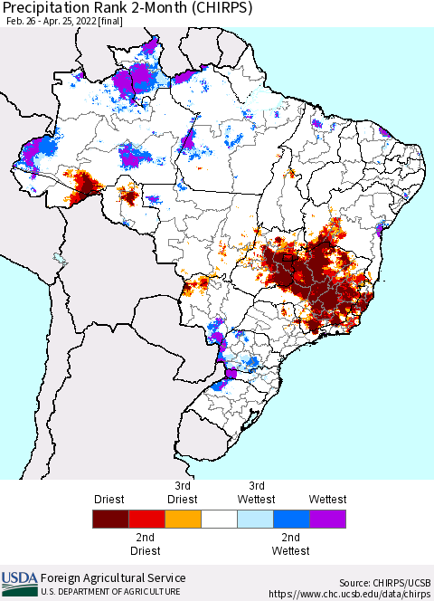 Brazil Precipitation Rank since 1981, 2-Month (CHIRPS) Thematic Map For 2/26/2022 - 4/25/2022