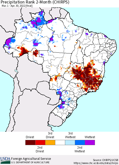Brazil Precipitation Rank since 1981, 2-Month (CHIRPS) Thematic Map For 3/1/2022 - 4/30/2022