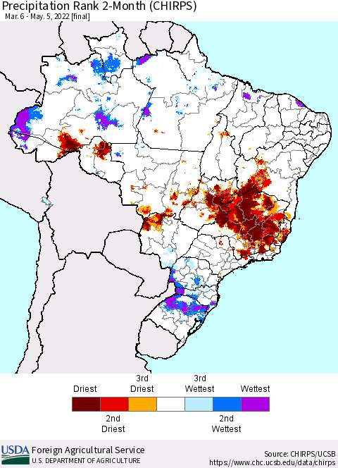 Brazil Precipitation Rank since 1981, 2-Month (CHIRPS) Thematic Map For 3/6/2022 - 5/5/2022