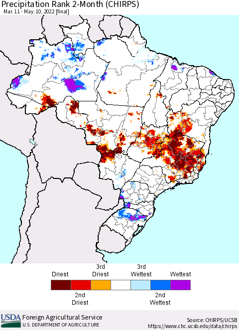 Brazil Precipitation Rank since 1981, 2-Month (CHIRPS) Thematic Map For 3/11/2022 - 5/10/2022