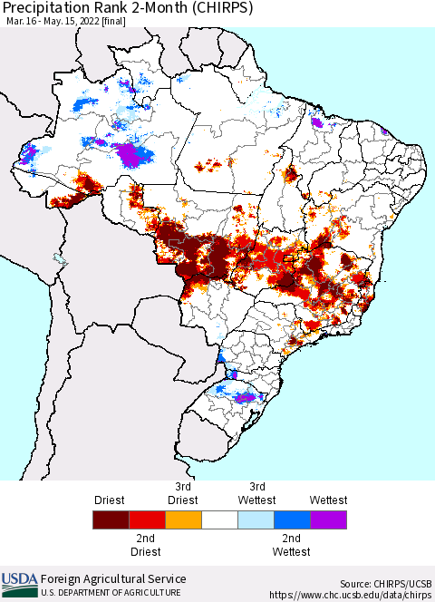Brazil Precipitation Rank since 1981, 2-Month (CHIRPS) Thematic Map For 3/16/2022 - 5/15/2022