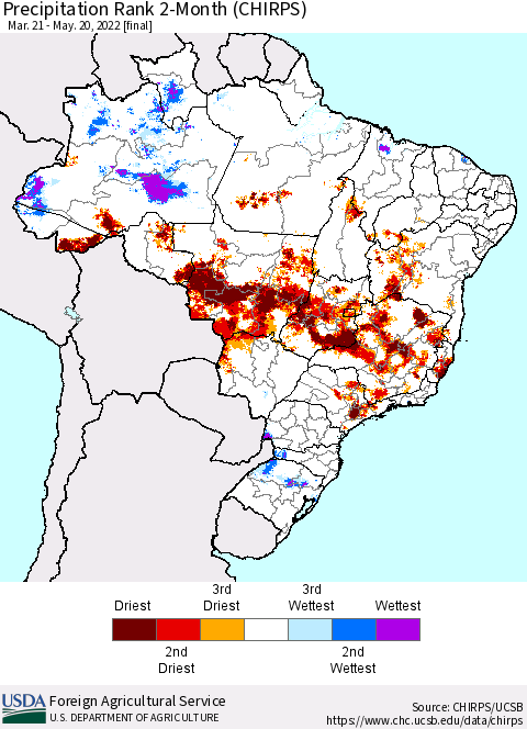 Brazil Precipitation Rank since 1981, 2-Month (CHIRPS) Thematic Map For 3/21/2022 - 5/20/2022