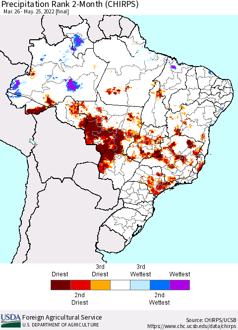 Brazil Precipitation Rank since 1981, 2-Month (CHIRPS) Thematic Map For 3/26/2022 - 5/25/2022