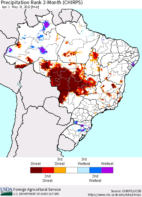 Brazil Precipitation Rank since 1981, 2-Month (CHIRPS) Thematic Map For 4/1/2022 - 5/31/2022