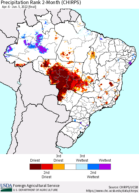 Brazil Precipitation Rank since 1981, 2-Month (CHIRPS) Thematic Map For 4/6/2022 - 6/5/2022