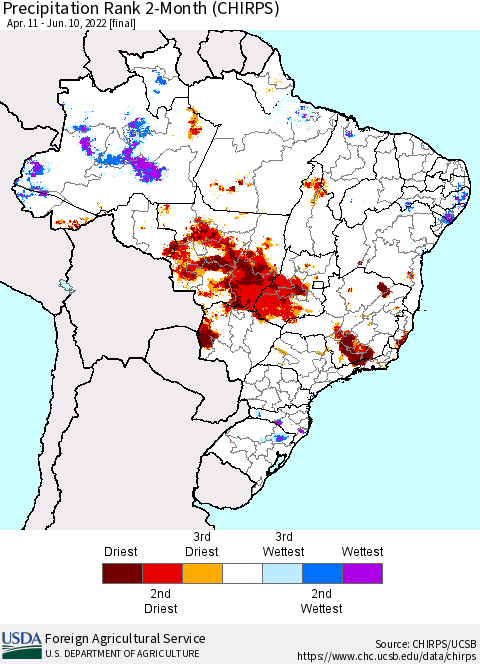 Brazil Precipitation Rank since 1981, 2-Month (CHIRPS) Thematic Map For 4/11/2022 - 6/10/2022
