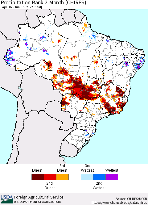 Brazil Precipitation Rank since 1981, 2-Month (CHIRPS) Thematic Map For 4/16/2022 - 6/15/2022
