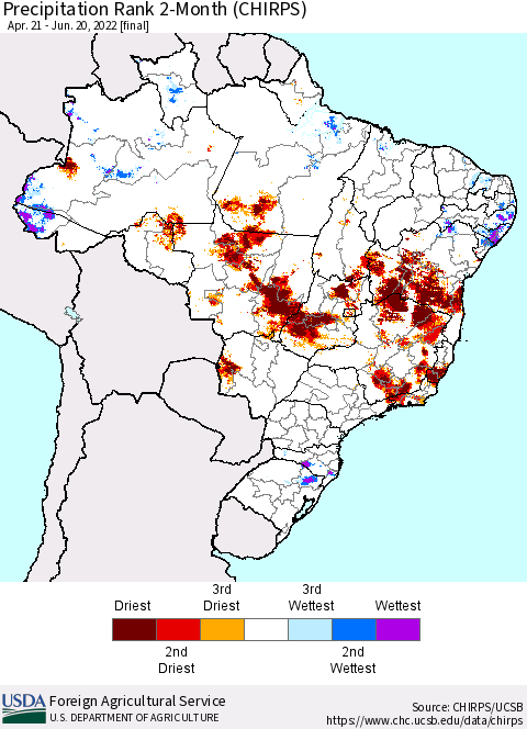 Brazil Precipitation Rank since 1981, 2-Month (CHIRPS) Thematic Map For 4/21/2022 - 6/20/2022