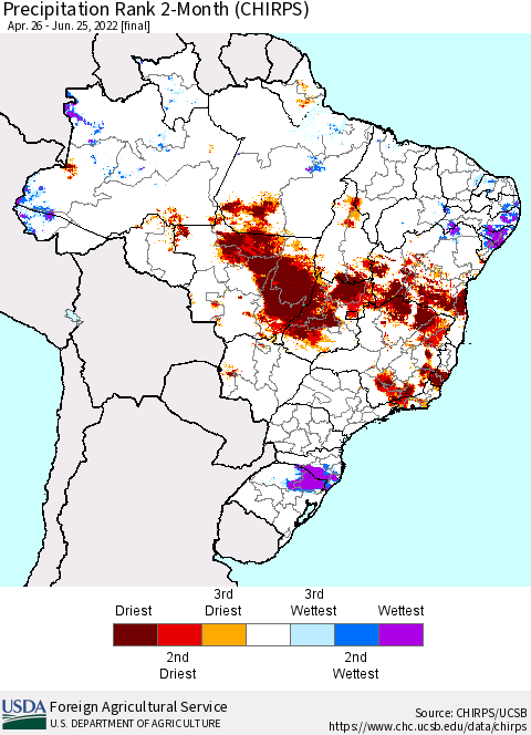 Brazil Precipitation Rank since 1981, 2-Month (CHIRPS) Thematic Map For 4/26/2022 - 6/25/2022
