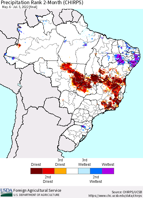 Brazil Precipitation Rank since 1981, 2-Month (CHIRPS) Thematic Map For 5/6/2022 - 7/5/2022
