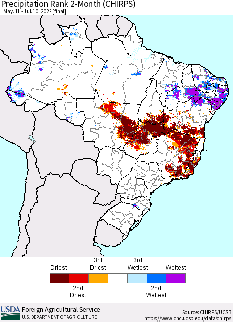 Brazil Precipitation Rank since 1981, 2-Month (CHIRPS) Thematic Map For 5/11/2022 - 7/10/2022