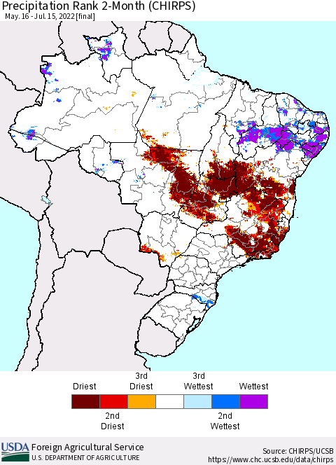 Brazil Precipitation Rank since 1981, 2-Month (CHIRPS) Thematic Map For 5/16/2022 - 7/15/2022