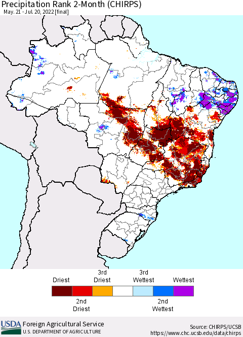 Brazil Precipitation Rank since 1981, 2-Month (CHIRPS) Thematic Map For 5/21/2022 - 7/20/2022