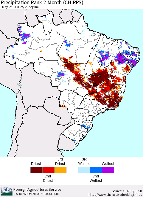 Brazil Precipitation Rank since 1981, 2-Month (CHIRPS) Thematic Map For 5/26/2022 - 7/25/2022