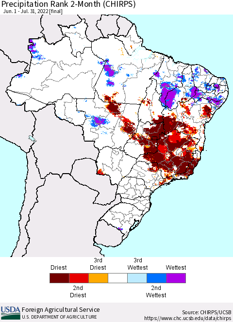 Brazil Precipitation Rank since 1981, 2-Month (CHIRPS) Thematic Map For 6/1/2022 - 7/31/2022