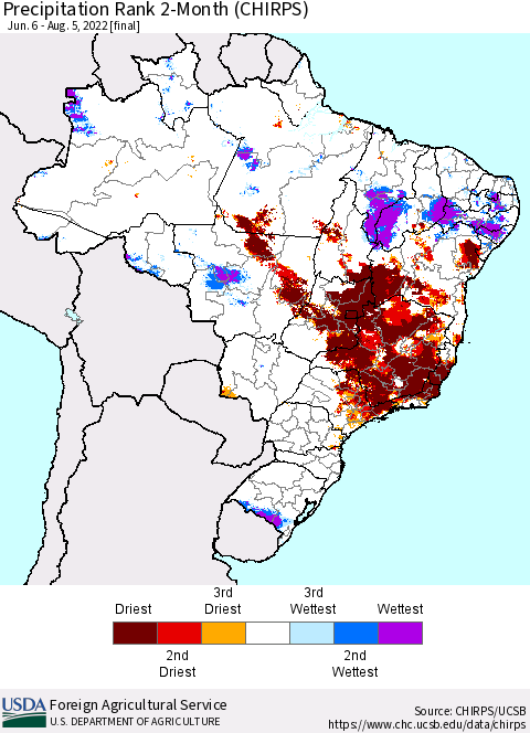 Brazil Precipitation Rank since 1981, 2-Month (CHIRPS) Thematic Map For 6/6/2022 - 8/5/2022