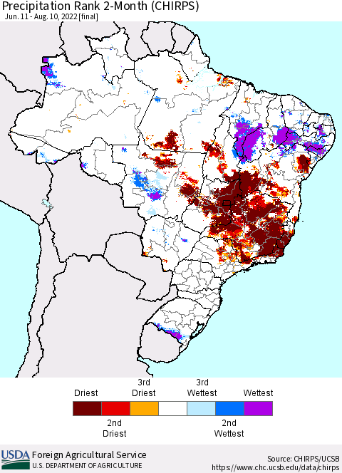 Brazil Precipitation Rank since 1981, 2-Month (CHIRPS) Thematic Map For 6/11/2022 - 8/10/2022