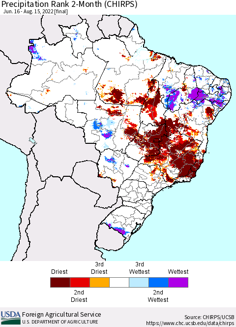 Brazil Precipitation Rank since 1981, 2-Month (CHIRPS) Thematic Map For 6/16/2022 - 8/15/2022