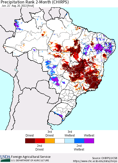 Brazil Precipitation Rank since 1981, 2-Month (CHIRPS) Thematic Map For 6/21/2022 - 8/20/2022