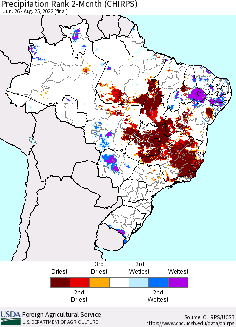 Brazil Precipitation Rank since 1981, 2-Month (CHIRPS) Thematic Map For 6/26/2022 - 8/25/2022
