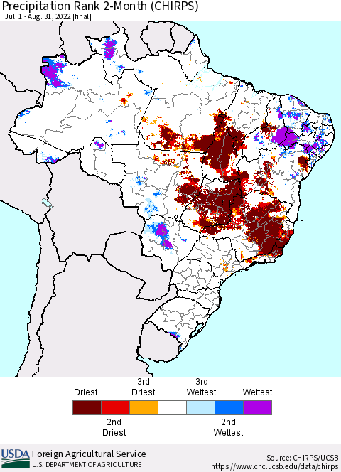 Brazil Precipitation Rank since 1981, 2-Month (CHIRPS) Thematic Map For 7/1/2022 - 8/31/2022