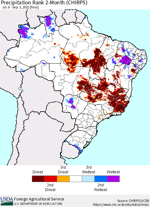 Brazil Precipitation Rank since 1981, 2-Month (CHIRPS) Thematic Map For 7/6/2022 - 9/5/2022