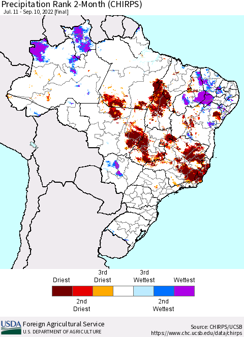 Brazil Precipitation Rank since 1981, 2-Month (CHIRPS) Thematic Map For 7/11/2022 - 9/10/2022