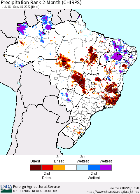 Brazil Precipitation Rank since 1981, 2-Month (CHIRPS) Thematic Map For 7/16/2022 - 9/15/2022