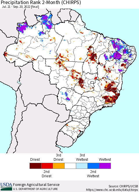 Brazil Precipitation Rank since 1981, 2-Month (CHIRPS) Thematic Map For 7/21/2022 - 9/20/2022