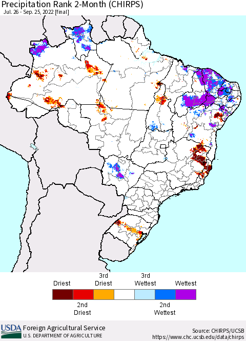 Brazil Precipitation Rank since 1981, 2-Month (CHIRPS) Thematic Map For 7/26/2022 - 9/25/2022