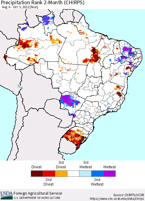 Brazil Precipitation Rank since 1981, 2-Month (CHIRPS) Thematic Map For 8/6/2022 - 10/5/2022
