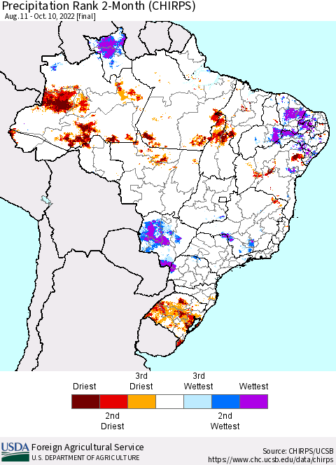 Brazil Precipitation Rank since 1981, 2-Month (CHIRPS) Thematic Map For 8/11/2022 - 10/10/2022