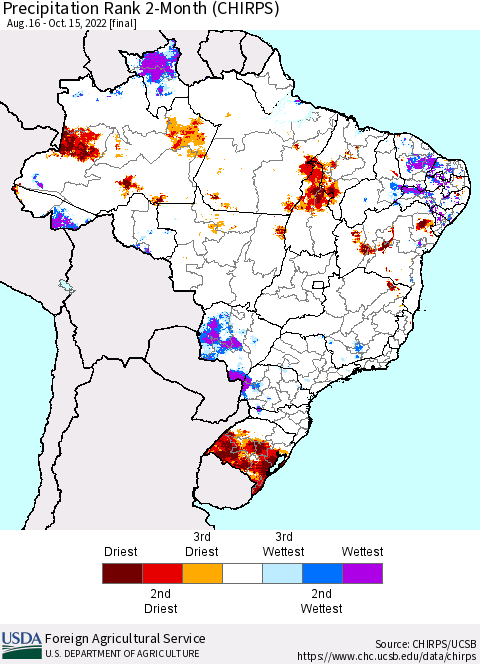 Brazil Precipitation Rank since 1981, 2-Month (CHIRPS) Thematic Map For 8/16/2022 - 10/15/2022
