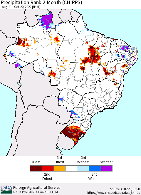 Brazil Precipitation Rank since 1981, 2-Month (CHIRPS) Thematic Map For 8/21/2022 - 10/20/2022