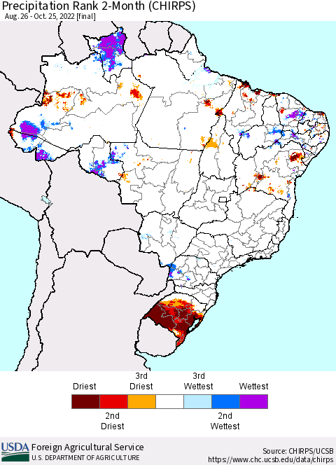 Brazil Precipitation Rank since 1981, 2-Month (CHIRPS) Thematic Map For 8/26/2022 - 10/25/2022