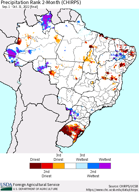 Brazil Precipitation Rank since 1981, 2-Month (CHIRPS) Thematic Map For 9/1/2022 - 10/31/2022