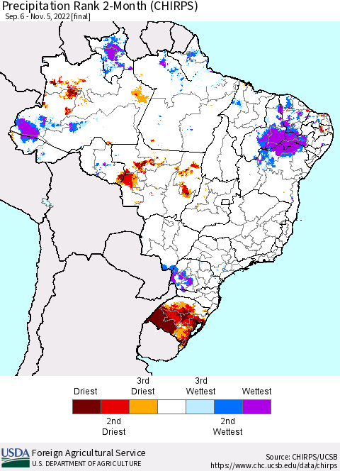 Brazil Precipitation Rank since 1981, 2-Month (CHIRPS) Thematic Map For 9/6/2022 - 11/5/2022